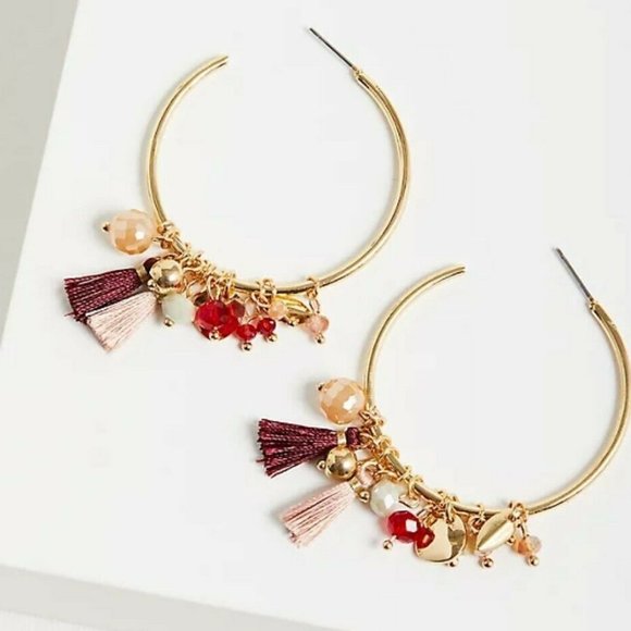 torrid Jewelry - Torrid Hoop Stopper Back Earrings Tassel Charms, Gold Tone, Blush & Wine NEW